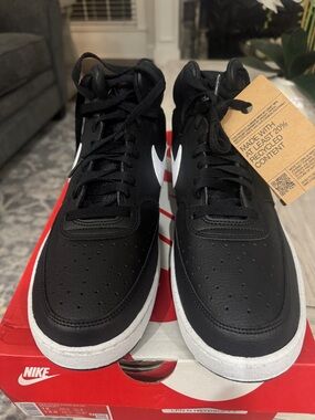 Nike Men’s Court Vision Mid Black with White Swoosh Casual Sneakers